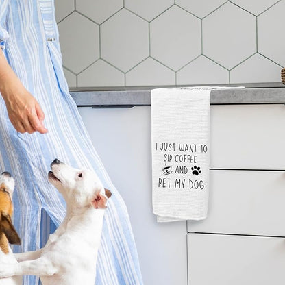 Funny Coffee Kitchen Towels 16x24 - Dog Kitchen Towels, Coffee Kitchen Decor, Coffee Towels Gifts for Coffee Bar, Funny Kitchen Decor, Dog Lovers Gifts, I Just Want to Sip Coffee and Pet My Dog