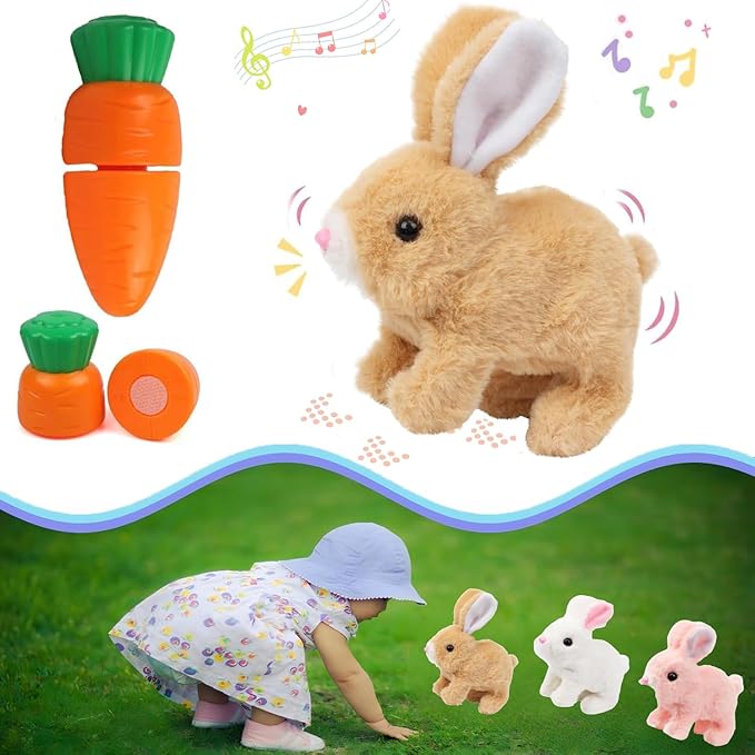 Bunny Stuffed Animal Plush, Interactive Electronic Pet Hopping Bunny Toy, Realistic Stuffed Easter Bunny Rabbit with Sounds and Movements Animated Walking Wiggle Ears Twitch Nose (Brown)