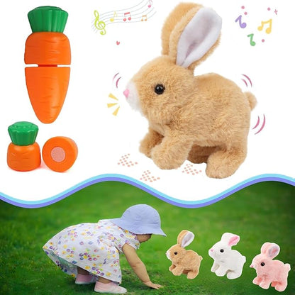 Bunny Stuffed Animal Plush, Interactive Electronic Pet Hopping Bunny Toy, Realistic Stuffed Easter Bunny Rabbit with Sounds and Movements Animated Walking Wiggle Ears Twitch Nose (Brown)