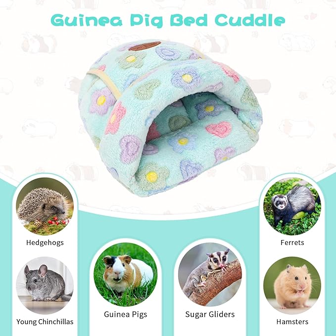 YUEPET Guinea Pig Bed Cuddle Cave Warm Fleece Cozy House Bedding Sleeping Cushion Cage Nest for Small Animal Squirrel Chinchilla Hedgehog Cage Accessories(Green Flower