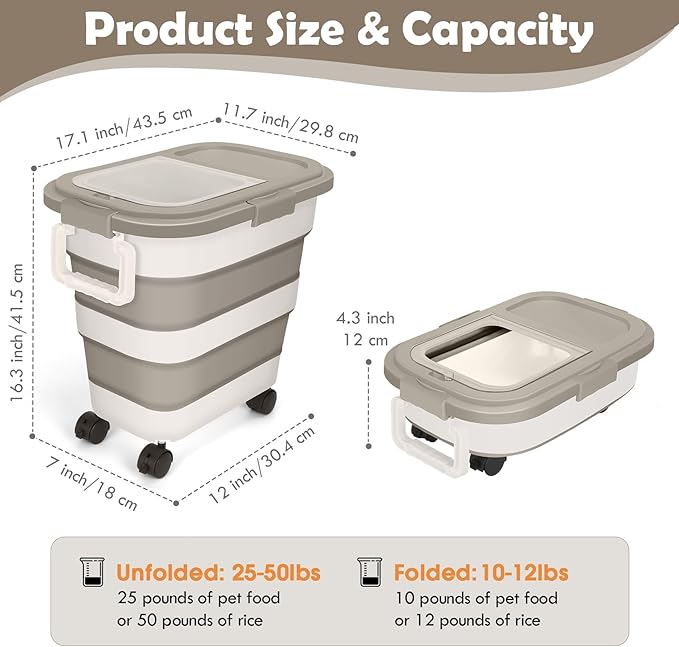 Dog Food Storage Container, 25lbs Large Collapsible Pet Cat Food Container with Airtight Lids Wheels Handle Scoop Measuring Cup Small Container, Rice Kitchen Dry Food Storage Dispenser Bin (Khaki)
