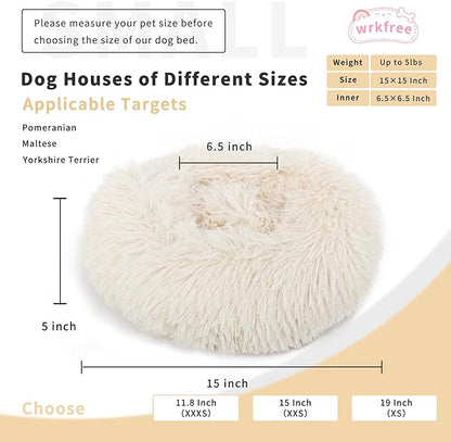 Tiny Dog Bed Extra Small Washable 15 inches Beige Donut Soft Small Dog Bed,Calming Anti Anxiety Round Fits up to 5 lbs Warm Comfort Pets Beds for Puppy Dogs Indoor