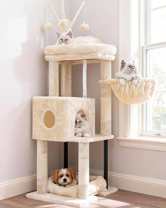 Heybly Cat Tree, 45.3-Inch Cat Tower for Indoor Cats with Large Perch, All-in-One Cat Furniture with Cozy Bed, Hidden Space Cat Condo, Comfy Hammock, Scratching Posts & 3 Pompoms, Beige HCT202SM