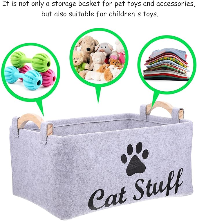 POPETPOP Pet Toy Storage Bin Felt Basket with Wooden Handles 15.35X10.62X7.08 Inch Organizer Container for Dog Cat Accessories Toys and Treats Storage