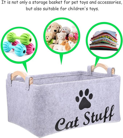 POPETPOP Pet Toy Storage Bin Felt Basket with Wooden Handles 15.35X10.62X7.08 Inch Organizer Container for Dog Cat Accessories Toys and Treats Storage