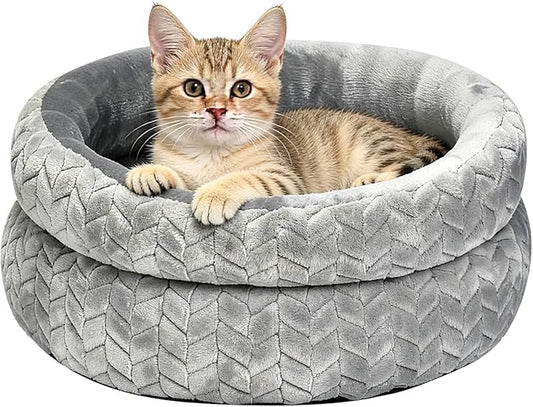 Dual-Layer Donut Cat Bed - Fluffy Round Bed for Small Pets - Ultra-Soft Cat Donut Bed for Cozy Sleep (Grey, 12 * 12 * 3.9 inch / 30 * 30 * 10 cm)
