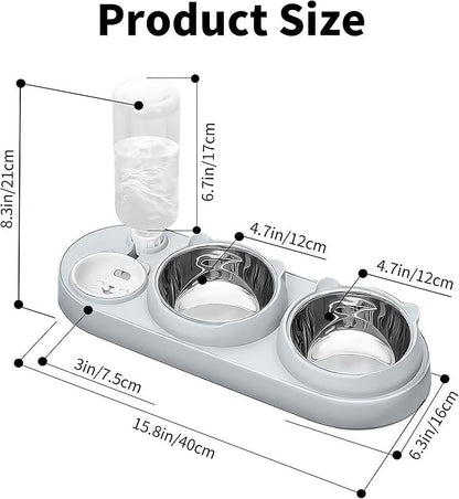 Marchul 3 in 1 Cat Bowl, Cat Food and Water Bowl Set with Water Dispenser and Stainless Steel Bowls, 15° Tilted Pet Raised Three Bowls for Indoor Cats, Small or Medium Sized Dogs，(Light Gray)