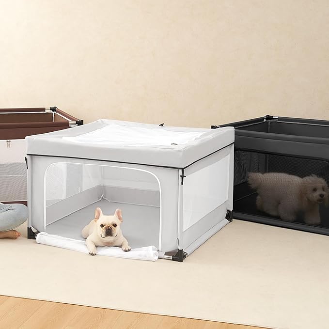 EHEYCIGA 42x42x26 Inches Puppy Playpen with Top Cover for Dogs & Cats Indoor or Outdoor - Dog Playpen with Door, Dog Fence for Small Animal with Heavy-Duty Oxford & Steel Frame, Dark Grey