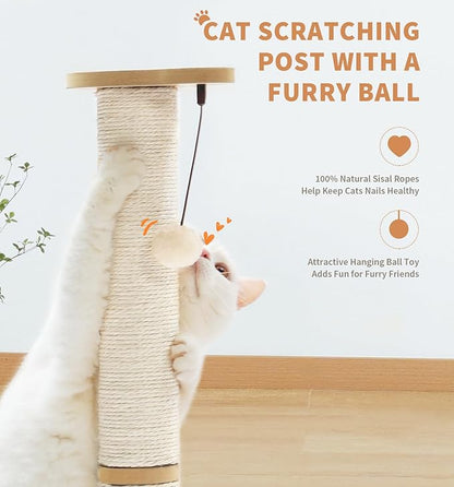 Made4Pets Cat Scratching Post Cat Scratcher Kitten Toys for Indoor Cats Wooden Ball Track Two-Layer Modern Sisal 23.4" Tall Scratch Post Interactive Toy with Dangling Ball Middle Size