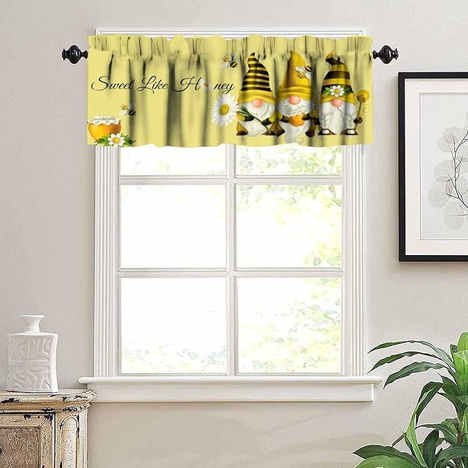 Rustic Bee Valances Curtain for Kitchen, Sweet Like Honey Gnomes Window Treatment Valances Short Curtains Rod Pocket Drape for Dining Room Home Farmhouse Decor, 54x18inch