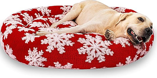 39 Inch Christmas Snowflakes Calming Dog Bed for Large Dogs, Round Anti-Anxiety Warm Bed, Soft Cozy Anti-Slip Donut Washable Pet Bed, Fits up to 100 lbs Pets