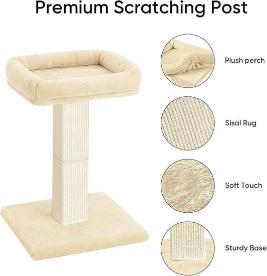 AGYM Cat Scratching Post, 32”Cat Scratcher with Large Plush Perch, Sisal & Carpet Scratching Post, Vertical Posts with Elevated Bed for Indoor Cats, Removable& Washable Cover, Beige