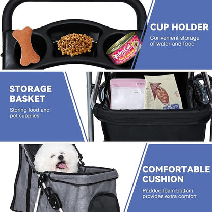 Dog Stroller for Small Dogs,Pet Stroller Strolling Cart 4 Wheels Folding Pet Gear Lightweight Waterproof with Storage Basket for Puppy Small Medium Dogs Cats for Travel,Grey