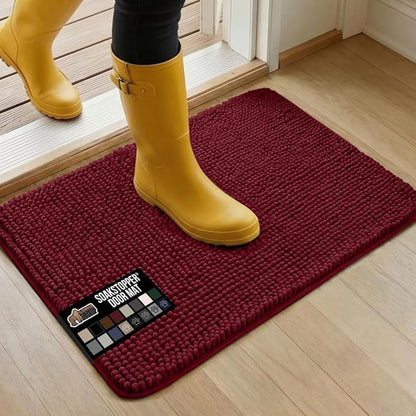 GORILLA GRIP SoakSTOPPER Dog Door Mat, 30x20 Machine Washable Rug Absorbent Doormat Captures Moisture Mud Dirt, Quick Dry Soft Chenille Entryway Rugs Indoor Entrance Mats for Dog Paws, Burgundy