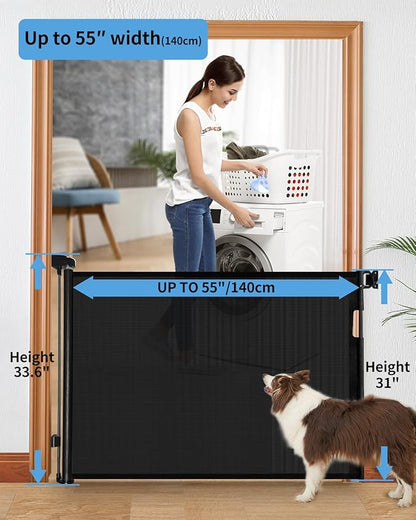 (2 Pack) Retractable Baby Gate for Doorways and Stairs, Mesh Safety Gate for Pet, Indoor & Outdoor Use, One-Hand Operation, Easy Installation, 33.6" Tall, Expands to 55" Wide（Black,33.6"x55")