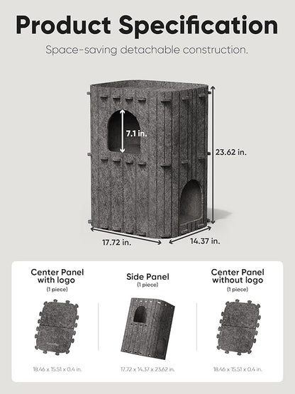FUKUMARU Cat House for Indoor Cats, 23.62 Inch Large Cat Bed Cave Condo, 2-Storey Cozy Felt Covered Cats Tunnel Kitten Hideaway for Multicats, Scratch Resistant, Dark Grey