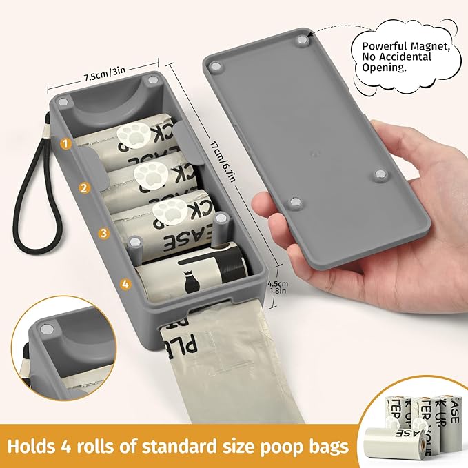 Dog Poop Bag Dispenser for Hanging Use, Grey Poop Bag Holder with Magnetic Closure, Includes 4 Rolls (60 Bags)