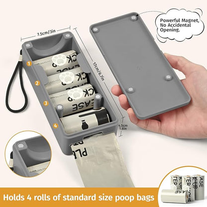 Dog Poop Bag Dispenser for Hanging Use, Grey Poop Bag Holder with Magnetic Closure, Includes 4 Rolls (60 Bags)
