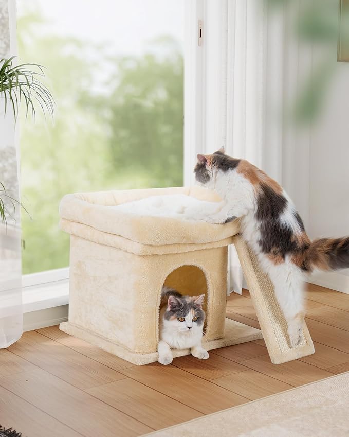 Aechonow Small Cat Tree Tower for Large Cat, Cat Bed House with Large Perch for Adult Cats, 20 * 16.5 Inch Big Platform for Indoor with Super Cozy Soft Mat, Large Cat Condo with Scratching Post, Beige