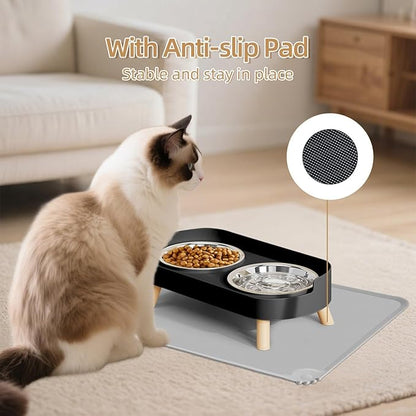 Elevated Cat Bowl with Food Mat, Raised Cat Food and Water Bowl Set for Indoor Cats, Splash Proof with 2 Stainless Steel Pet Food Bowls for Cats and Puppies,Whisker Fatigue and Dishwasher Safe (Black)