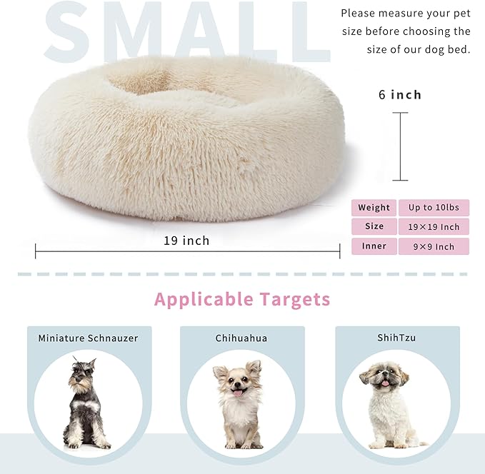 Small Dog Bed White Cream,Calming Dog Bed for Small Dogs,19 inches Donut Fluffy Pet Beds,Anti Anxiety Round Fits up to 10 lbs Soft Warm Pets Beds for Puppy Dogs Indoor