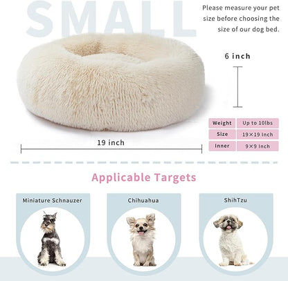 Small Dog Bed White Cream,Calming Dog Bed for Small Dogs,19 inches Donut Fluffy Pet Beds,Anti Anxiety Round Fits up to 10 lbs Soft Warm Pets Beds for Puppy Dogs Indoor