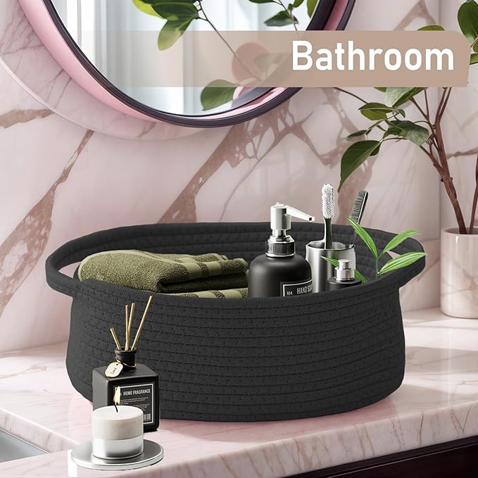 Woven Basket,Small Rope Storage Bin with Handles & Ribbon Bag, Organizer for Shelves Closets,Gift Basket Empty for Birthday,Books,Dog Toys, Black/2 Pack