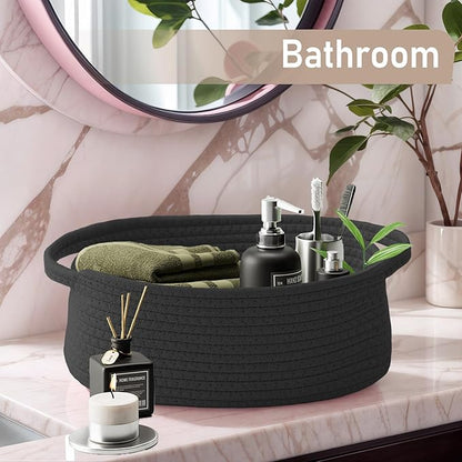Woven Basket,Small Rope Storage Bin with Handles & Ribbon Bag, Organizer for Shelves Closets,Gift Basket Empty for Birthday,Books,Dog Toys, Black/2 Pack