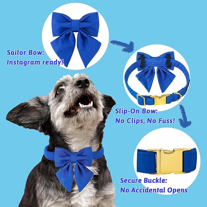 Maca Bates Klein Blue Dog Collar with Cute Solid Sailor Bow Tie for Large Girl Boy Dogs,Adjustbale Durable Breakaway Soft Collars with Bowtie for Female Male Puppy,Pet with Metal Buckle