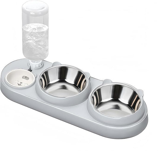 Marchul 3 in 1 Cat Bowl, Cat Food and Water Bowl Set with Water Dispenser and Stainless Steel Bowls, 15° Tilted Pet Raised Three Bowls for Indoor Cats, Small or Medium Sized Dogs，(Light Gray)