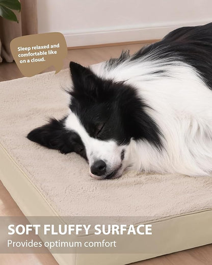 KSIIA Orthopedic Dog Bed Crate Waterproof Pet Mats for Large Dogs Deluxe Plush Washable Pet Bed with Egg Crate Foam & Removable Cover, 41 x 27 Inch, Khaki