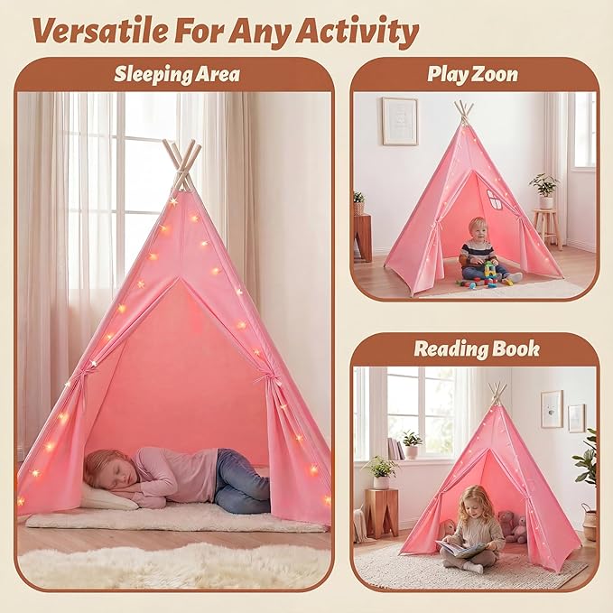 Wilwolfer 2 Pack Teepee Tent for Kids Slumber Party with Lights, Indoor Sleepover Play Tents for Girls, Foldable Toddler Playhouse for Sleepover Parties, Pink