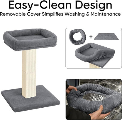 AGYM Cat Scratching Post, 32”Cat Scratcher with Large Plush Perch, Sisal & Carpet Scratching Post, Vertical Posts with Elevated Bed for Indoor Cats, Removable& Washable Cover, Grey