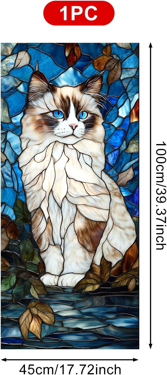 Privacy Window Film Cat Design Decorative Window Cling Stained Glass Style Static Cling Glass Sticker for Kitchen Bathroom Entry Door Panel 17.7 x 39.3 Inch