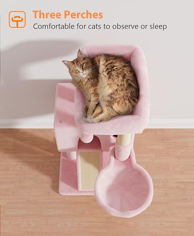 OS MOTOR Cat Tree Tower for Indoor Cats Large Adult,Cute/Tall Modern Cat Tree for Big Cats 20 lbs,Plush Multi-Level Cat Condo with Scratching Posts,Hammock, Dangling Ball (Soft Pink, 36 inch)