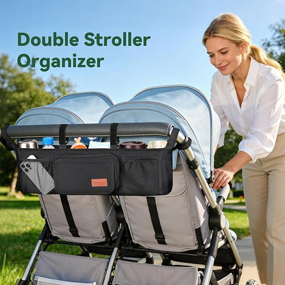 Guiseapue Double Stroller Organizer with 2 Insulated Cup Holders: Parent Console Double Jogging Stroller Accessories Fits for Baby Jogger City Mini GT2 and Jeep Double Stroller