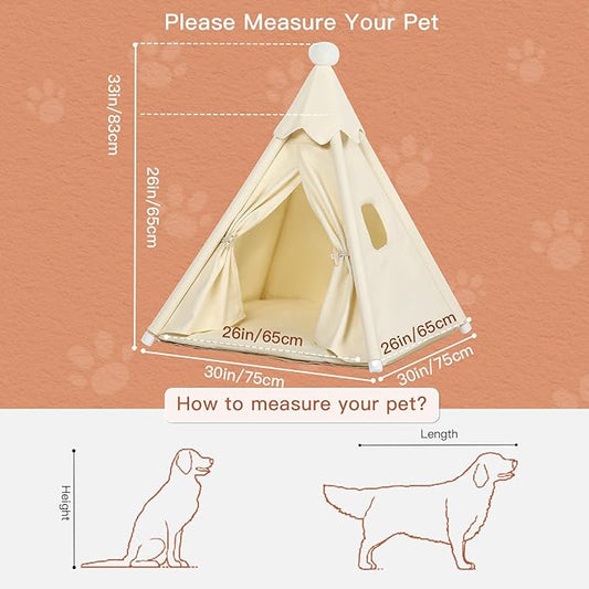 Large Cat & Small Dog Teepee Tent House (Int 26x26x26in/Ext 30x30x33in) for Ragdoll Cat, Mini Schnauzer, Welsh Corgi, Small French Bulldog, Cotton Canvas & Stable Frame