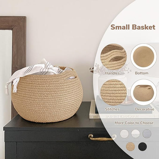 Goodpick Wicker Storage Basket for Living Room, Small Round Woven Basket for Toys, Towel, Bedroom, Children Corner Decoration Plant Baskets Indoor, Jute, 10"D x 8.3"H