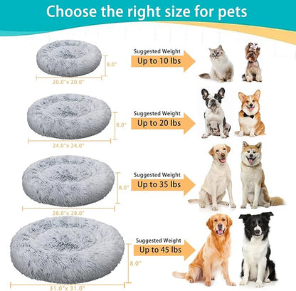 Calming Small Dog Bed, Donut Fluffy Anti-Anxiety Round Washable Cute Bed, Plush Cozy Cuddler Warming Soft Comfort Pet Bed for Small Medium Dogs Cats, 20inch,Light Grey White