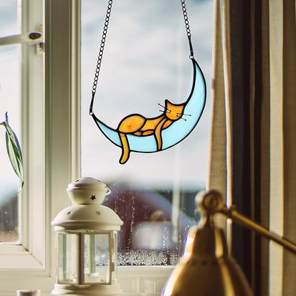 BOXCASA Orange Cat Suncatchers Handcrafted Stained Glass Window Hanging - Moon Phase Memorial Gifts for Cat Lovers,Birthday,Christmas Day, for Women,Mom