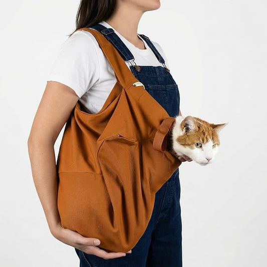 Cat-in-the-Bag Cozy Comfort Carrier - Small Caramel Cat Carrier Soft and Pet Carrier for Medication Administration, Nail Clipping, Travel, Vet Visits, and Dental Care