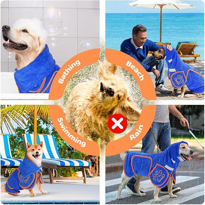 SlowTon Dog Bathrobe Towel - Super Absorbent Microfiber Pet Quick Drying Towel, Wearable Soft Bath Robes for After Bath Shower Swim Wet Walk, Adjustable for Small Middle Large Dogs (Blue, M)