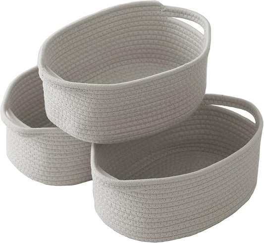 Woven Basket,Small Rope Storage Bin with Handles & Ribbon Bag, Organizer for Shelves Closets,Gift Basket Empty for Birthday,Books,Dog Toys, Grey/3 Pack