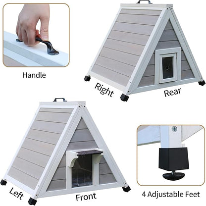 Deblue Outdoor Cat House for Feral Cats, Weatherproof Wooden Cat House for Small Pets, Unique Cat Shelter with Escape Door, Clear Window-Grey
