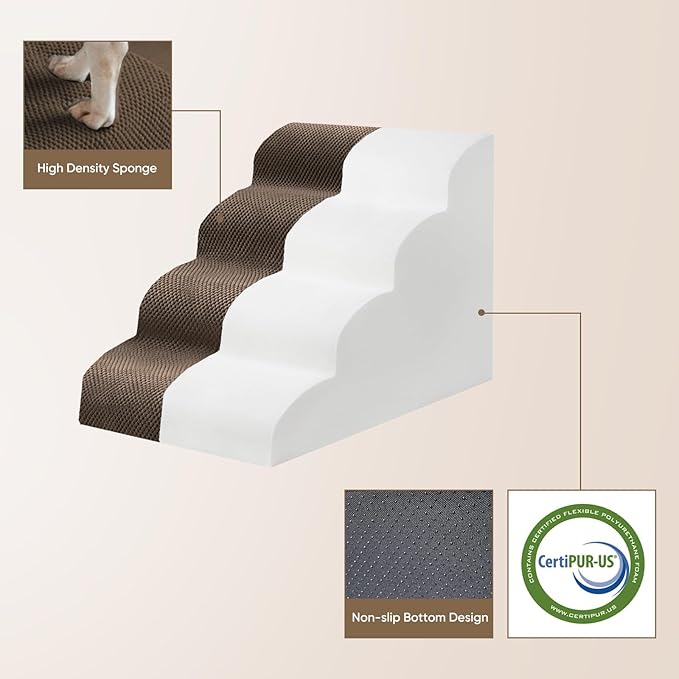 PAWSCART Pet Stairs for Dogs 4-Step, 19.6" H Pet Stairs for High Bed, Couch Sofa & Chair, 30D Material Soft Foam Dog Steps with Non-Slip Bottom Surface Removable Washable Cover, Brown