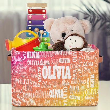 Personalized Storage Basket with Name, Rectangle Toys Storage Bin with Handles for Baby, Boys, Girls, Collapsible Basket for Clothes, Books, Shiny Glitter Starry Red Orange