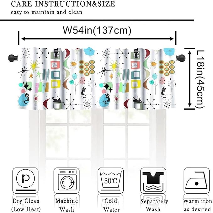 Mid Century Cat Window Valance Curtains, Retro Atomic Starburst Vintage Modern Abstract Geometric Pattern 50s 60s Curtains Valance for Bedroom Living Room Kitchen 54x18inch
