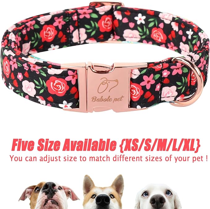 Floral Dog Collar - Rose Red Wild Flowers Pattern Cute Puppy Collar, Adjustable Winter Holiday Metal Buckle Dog Collars for Small Medium Large Dogs L