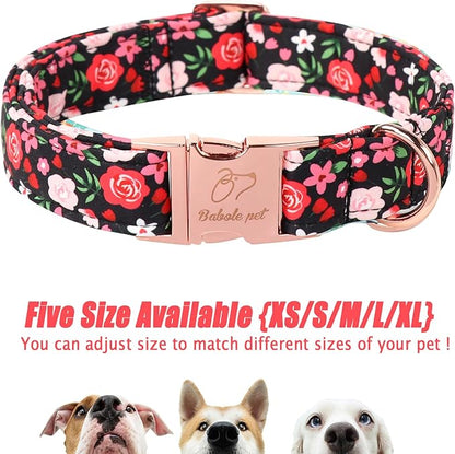 Floral Dog Collar - Rose Red Wild Flowers Pattern Cute Puppy Collar, Adjustable Winter Holiday Metal Buckle Dog Collars for Small Medium Large Dogs XL