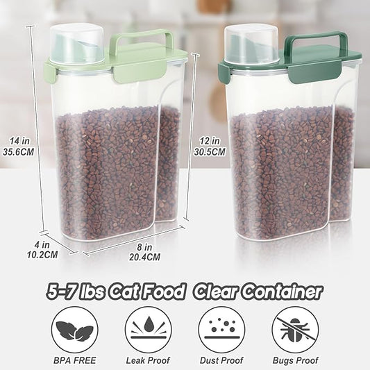 5-7Lbs Dog Cat Food Storage Container with Upgraded Large Nozzle BPA-free, 4 Snap Seals Plastic Pet Food Storage Containers with Handles (Green+Dark Green, 5L-2pack)